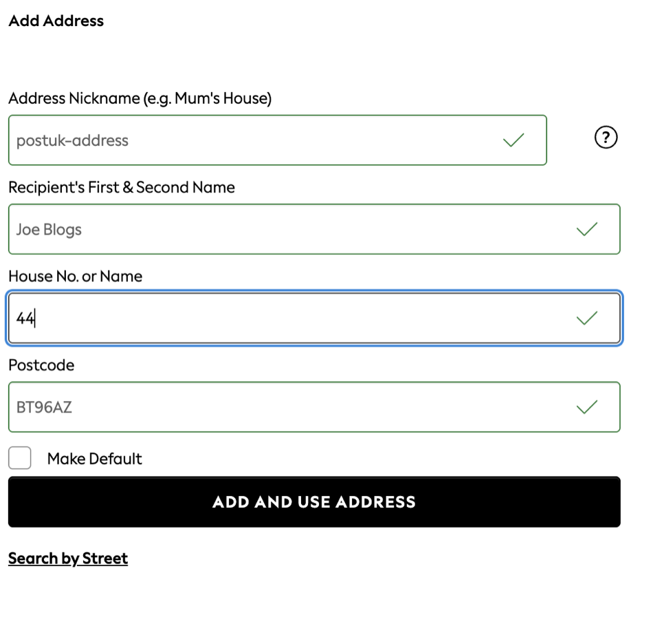 Next Add Address form with recipient name, House No. 44 and postcode BT9 6AZ entered