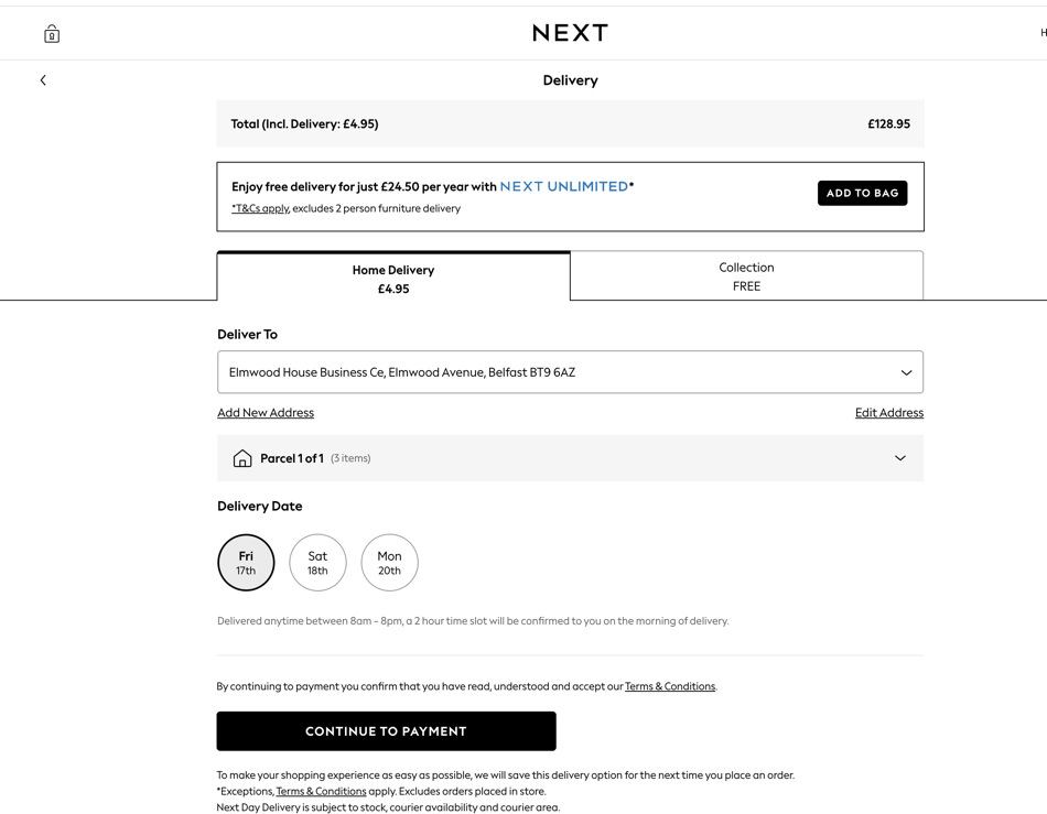 Next delivery step showing the Elmwood House address with an Edit Address link
