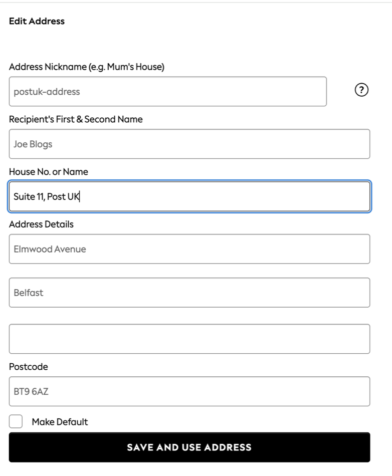 Editing the Next address to add PostUK Suite 11 in the House No. or Name field